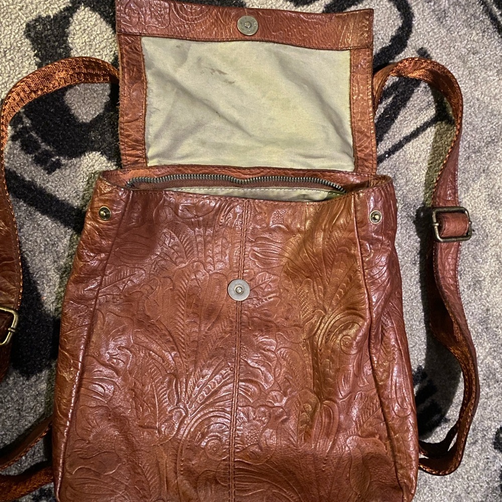 Embossed Brown Leather Backpack - Picture 2 of 3